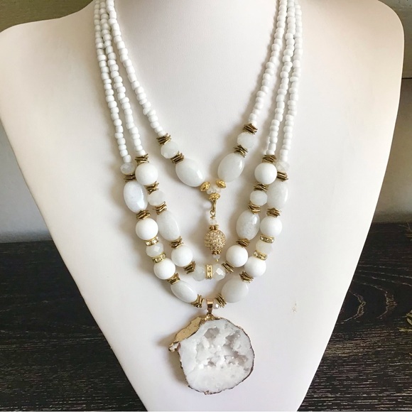 White Gold Bronze Druzy Pendant Necklace, Multi Layers White Stone Crystals Neck - Picture 9 of 10